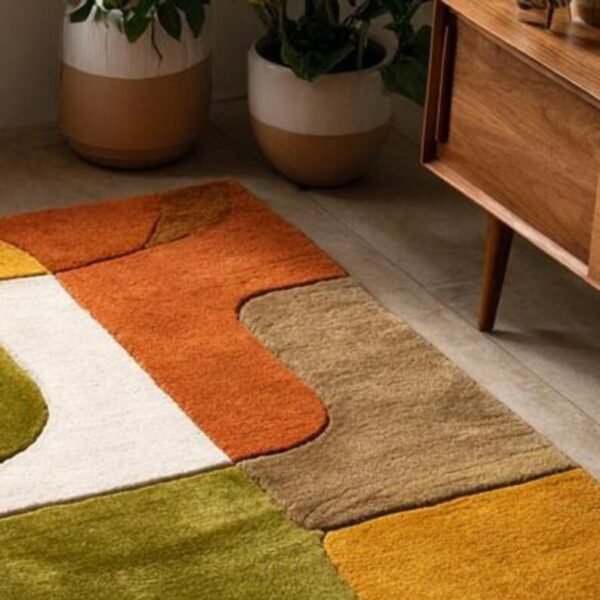 Modern Mustard Olive Burnt Orange and Ivory Retro Geometric Hand Tufted Wool Rug