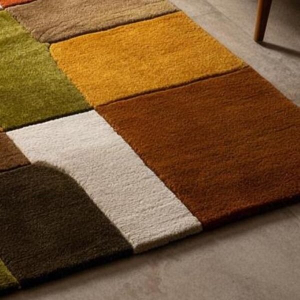 Modern Mustard Olive Burnt Orange and Ivory Retro Geometric Hand Tufted Wool Rug