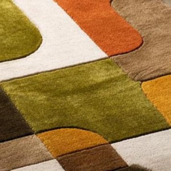 Modern Mustard Olive Burnt Orange and Ivory Retro Geometric Hand Tufted Wool Rug