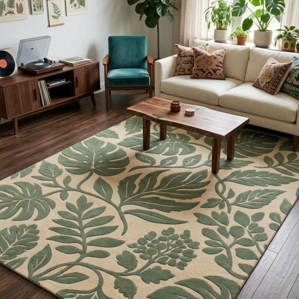 Botanical Green Leaf Area Rug