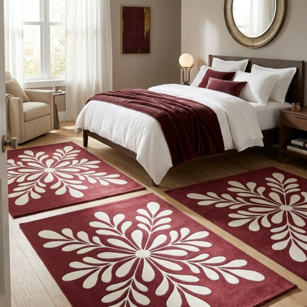Burgundy Floral Leaf Pattern Area Rug