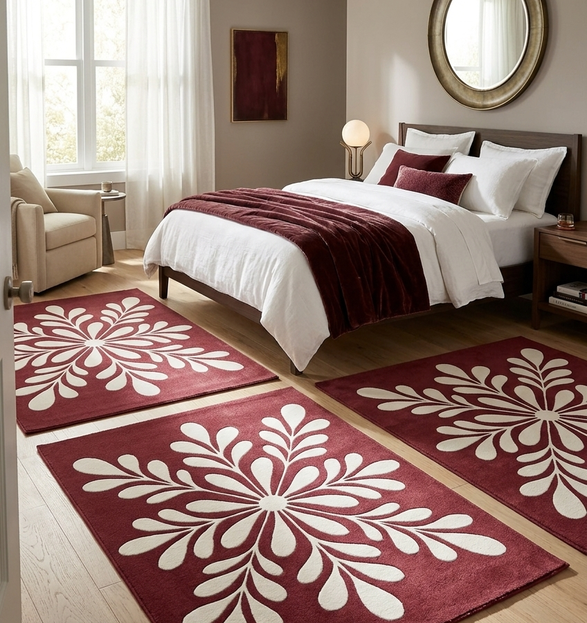 Burgundy Floral Leaf Pattern Area Rug