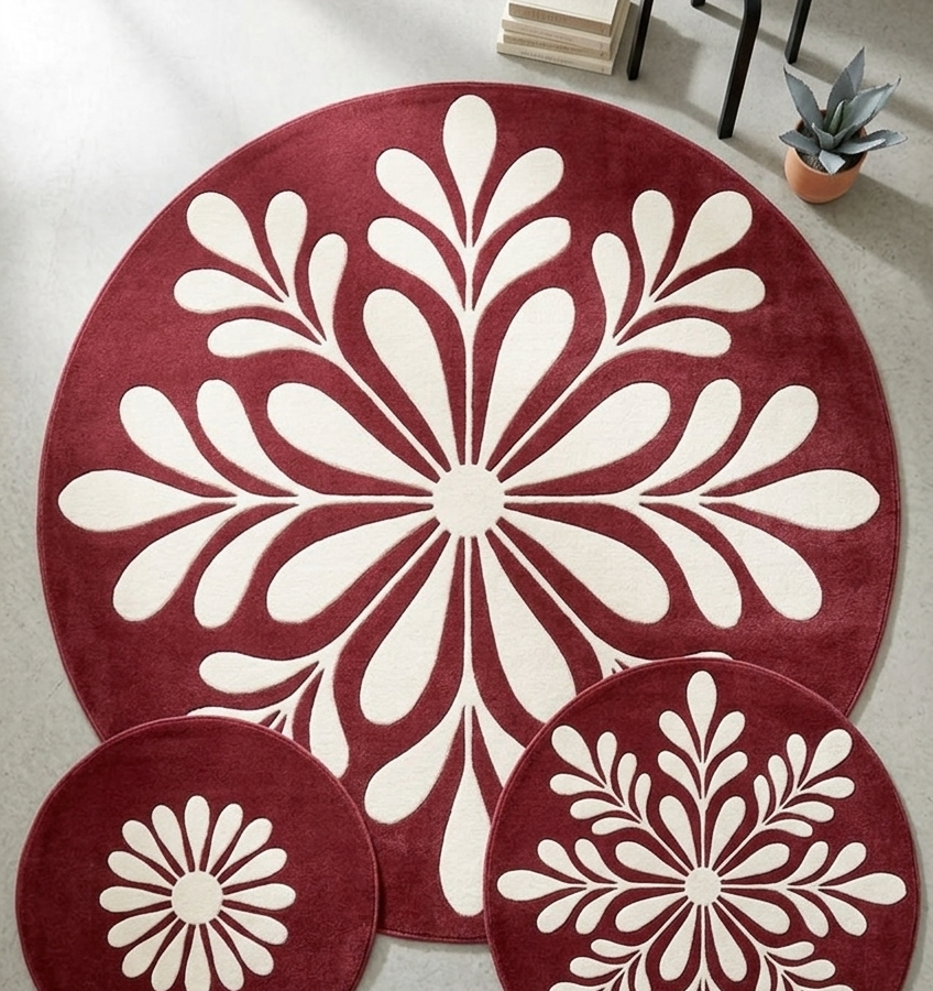 Burgundy Floral Leaf Pattern Area Rug