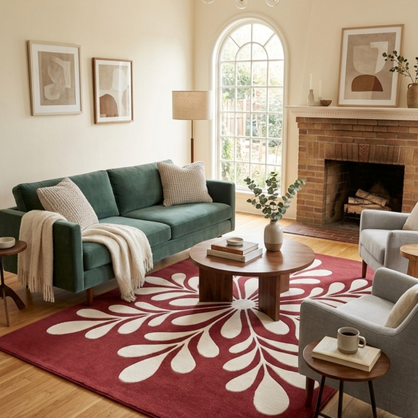 Burgundy Floral Leaf Pattern Area Rug