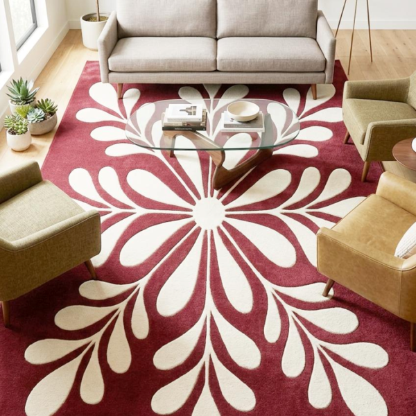 Burgundy Floral Leaf Pattern Area Rug