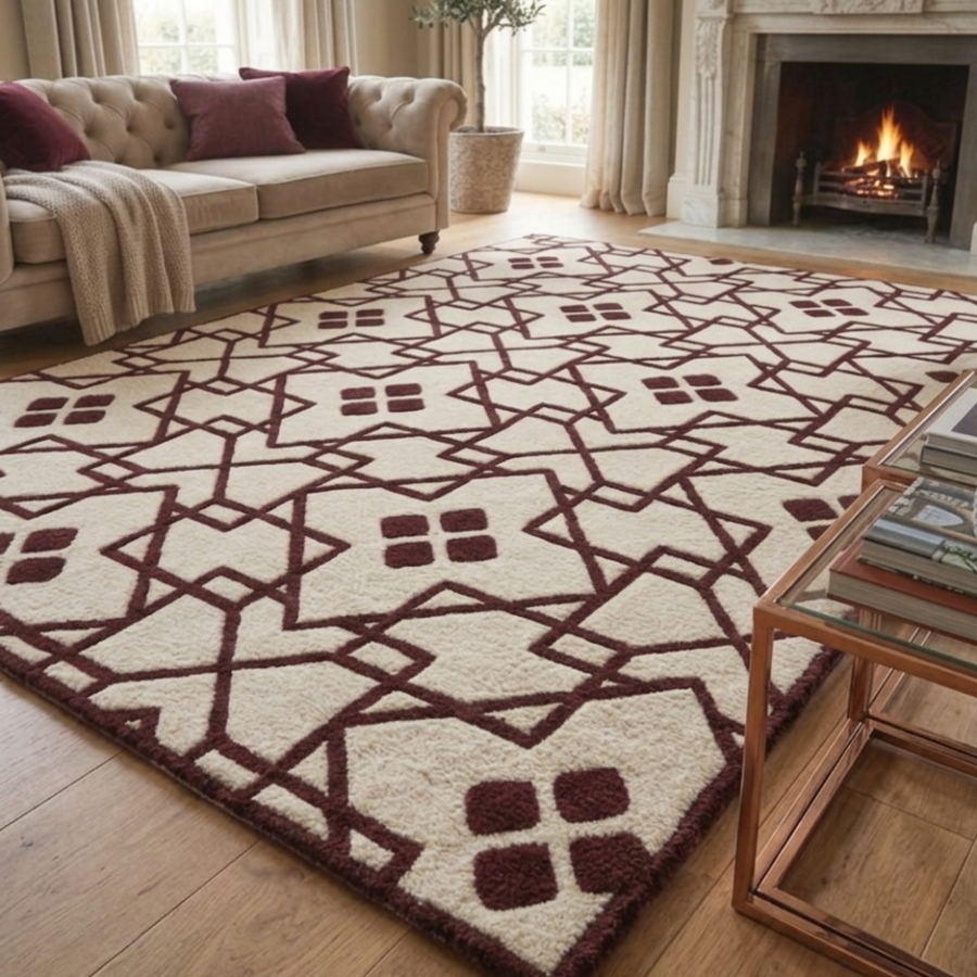Burgundy Lattice Hand Tufted Wool Rug