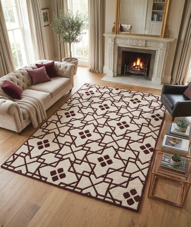 Burgundy Lattice Hand Tufted Wool Rug