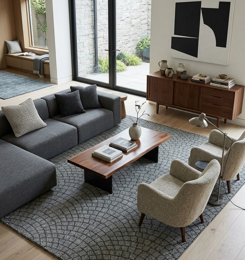 Graphite Arc Mosaic Hand Tufted Wool Rug