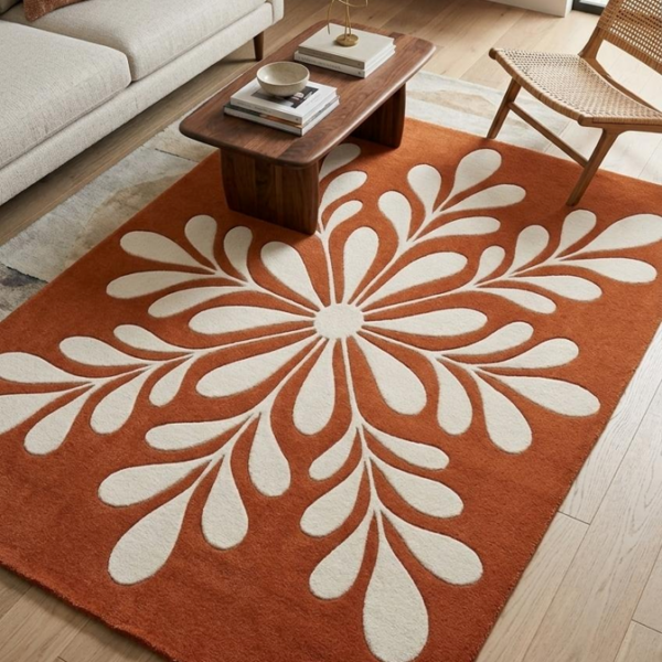 Handmade Rust & Ivory Floral Tufted Area Rug