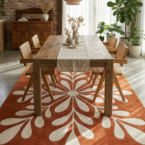 Handmade Rust & Ivory Floral Tufted Area Rug
