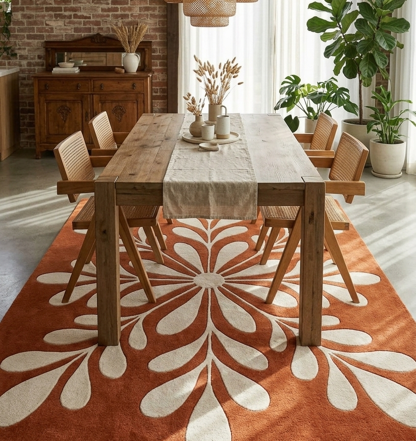 Handmade Rust & Ivory Floral Tufted Area Rug