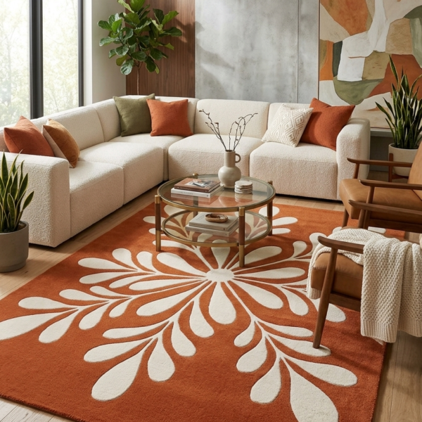 Handmade Rust & Ivory Floral Tufted Area Rug