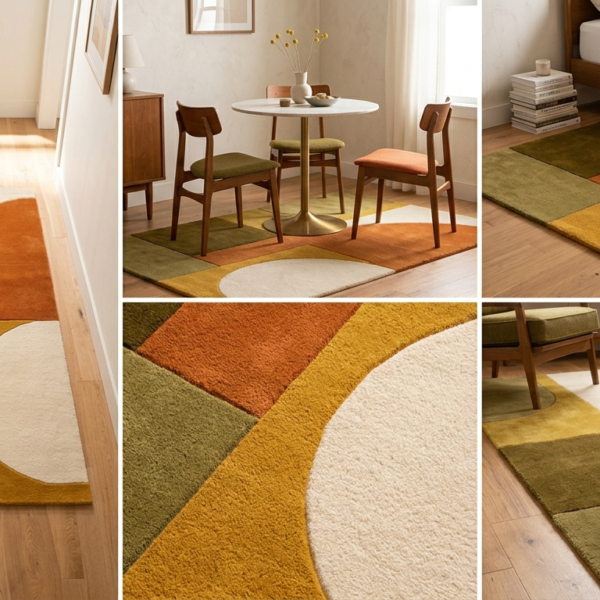 Modern Mustard Olive Burnt Orange and Ivory Retro Geometric Hand Tufted Wool Rug