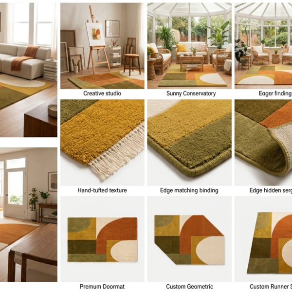 Modern Mustard Olive Burnt Orange and Ivory Retro Geometric Hand Tufted Wool Rug