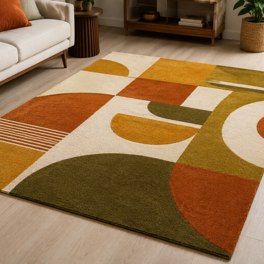 Modern Mustard Olive Burnt Orange and Ivory Retro Geometric Hand Tufted Wool Rug