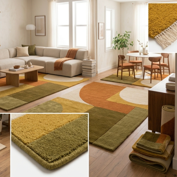 Modern Mustard Olive Burnt Orange and Ivory Retro Geometric Hand Tufted Wool Rug