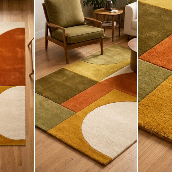 Modern Mustard Olive Burnt Orange and Ivory Retro Geometric Hand Tufted Wool Rug