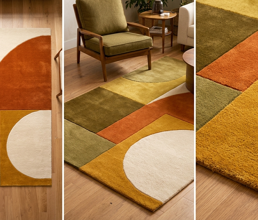 Modern Mustard Olive Burnt Orange and Ivory Retro Geometric Hand Tufted Wool Rug