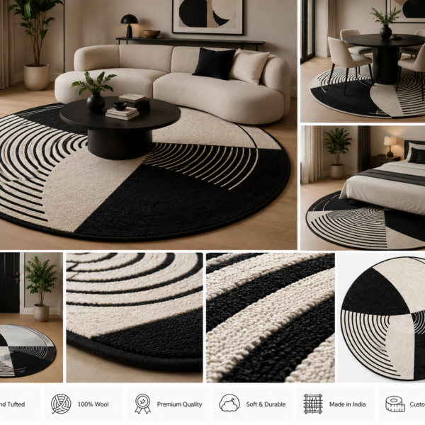 Noir Orbit Round Hand Tufted Wool Rug