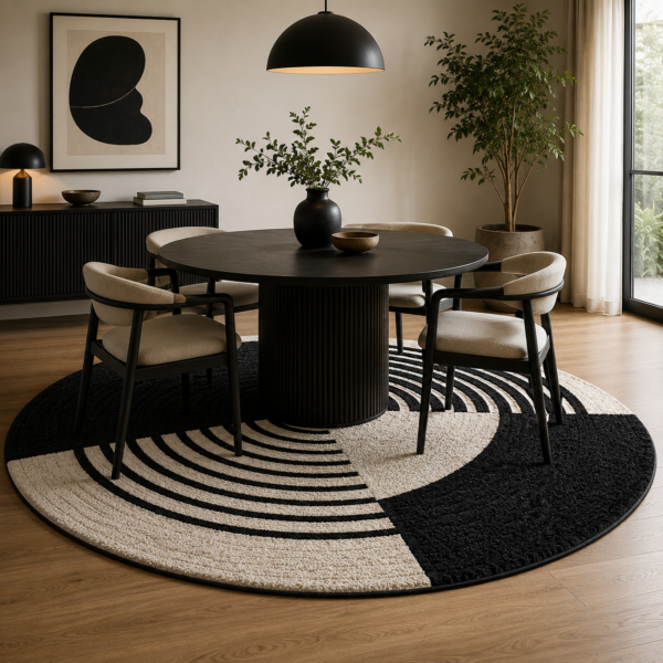 Noir Orbit Round Hand Tufted Wool Rug