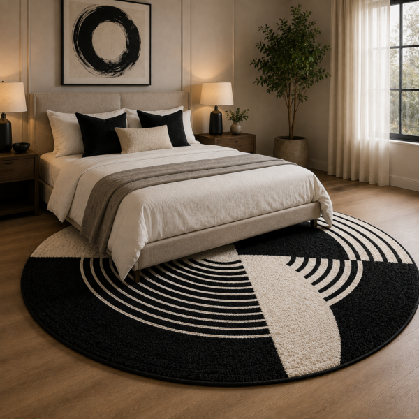 Noir Orbit Round Hand Tufted Wool Rug