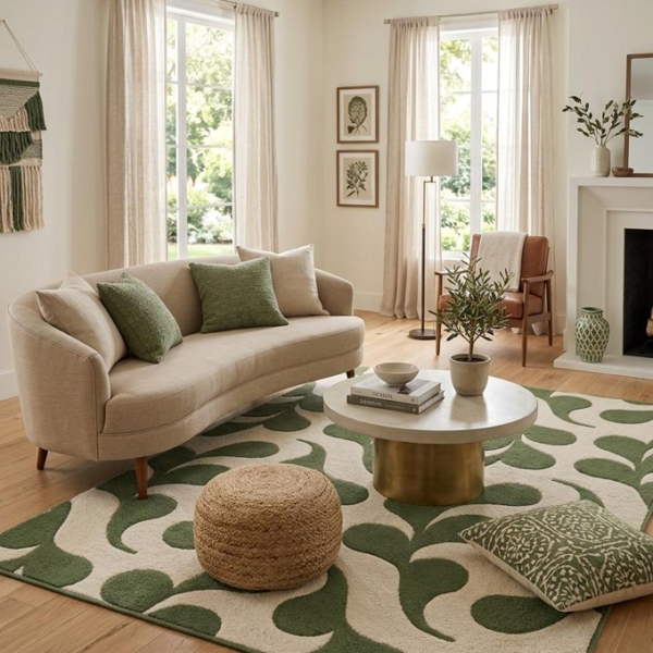 Olive Green Abstract Botanical Area Rug