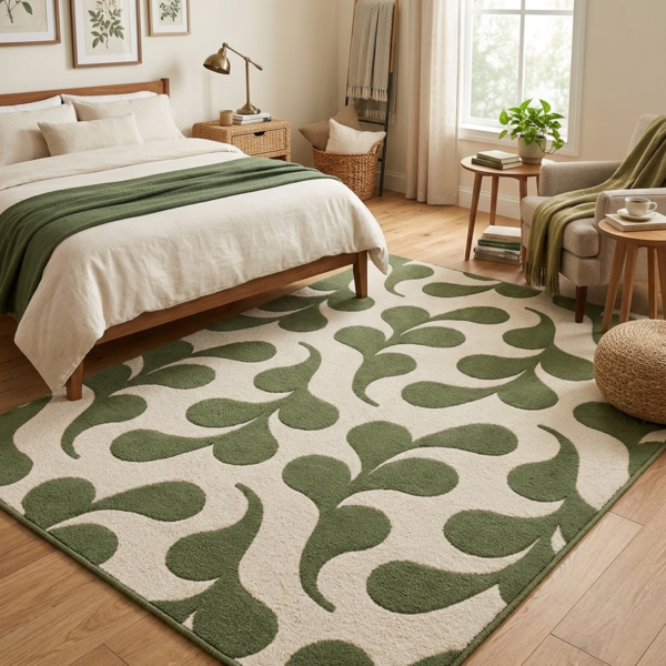 Olive Green Abstract Botanical Area Rug