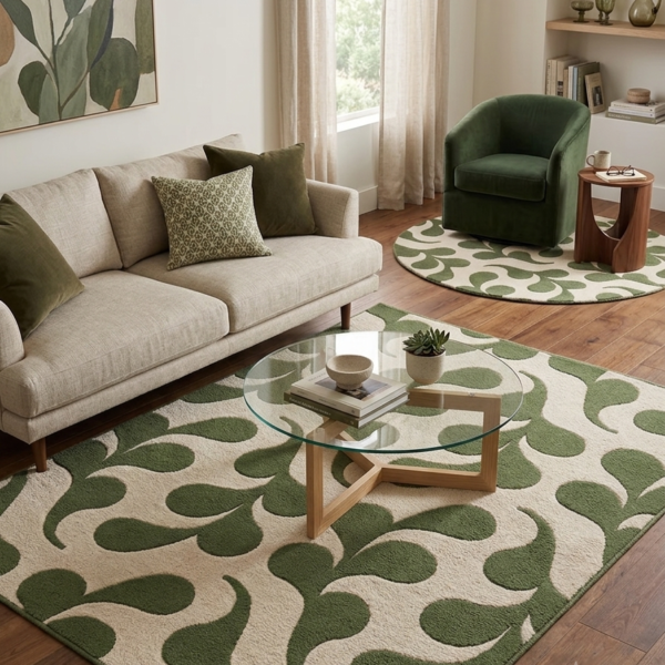 Olive Green Abstract Botanical Area Rug