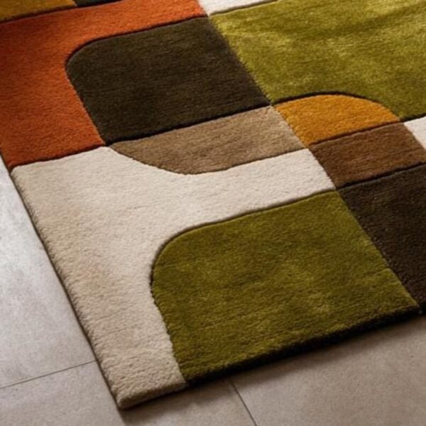 Modern Mustard Olive Burnt Orange and Ivory Retro Geometric Hand Tufted Wool Rug