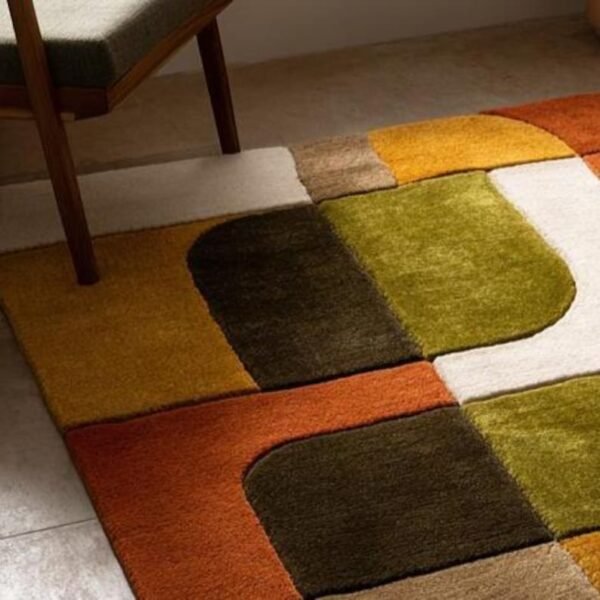 Modern Mustard Olive Burnt Orange and Ivory Retro Geometric Hand Tufted Wool Rug