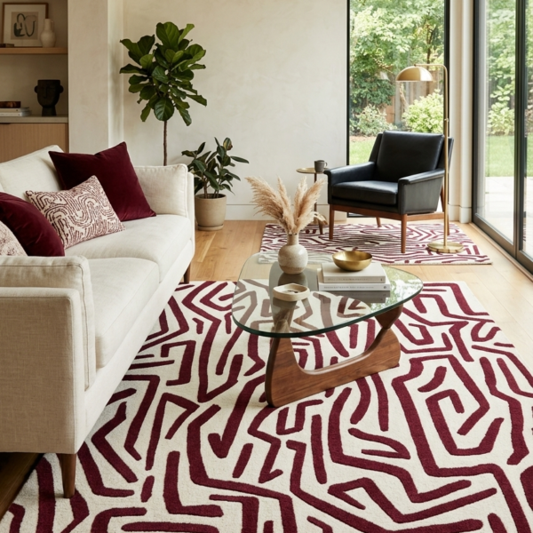 Abstract Burgundy & Ivory Geometric Area Rug