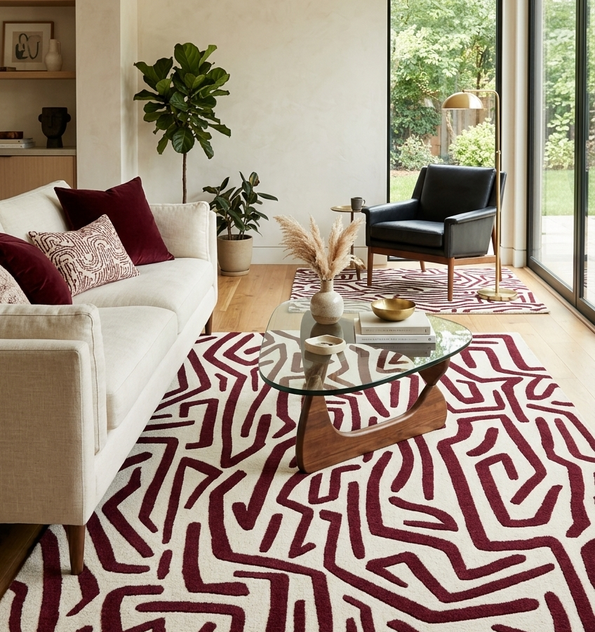 Abstract Burgundy & Ivory Geometric Area Rug