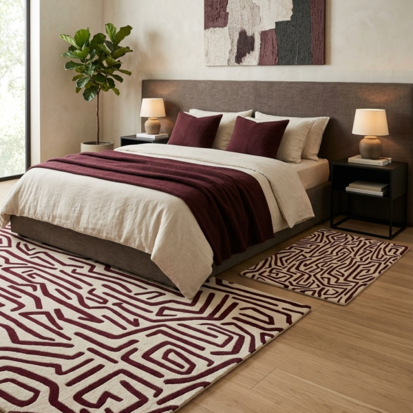 Abstract Burgundy & Ivory Geometric Area Rug