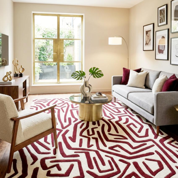 Abstract Burgundy & Ivory Geometric Area Rug