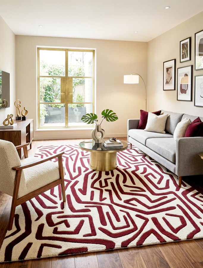 Abstract Burgundy & Ivory Geometric Area Rug