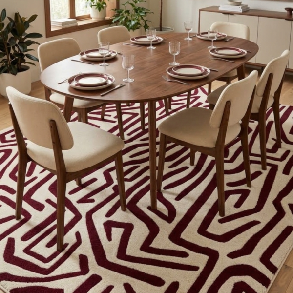 Abstract Burgundy & Ivory Geometric Area Rug