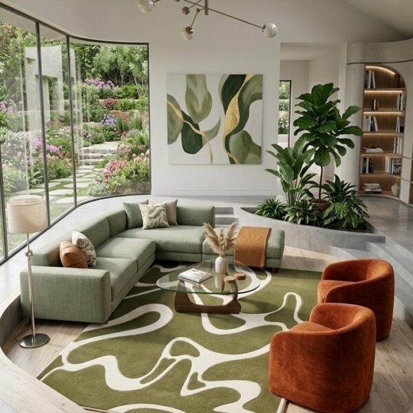Abstract Olive Green & Ivory Organic Pattern Area Rug