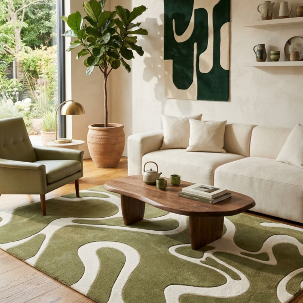 Abstract Olive Green & Ivory Organic Pattern Area Rug