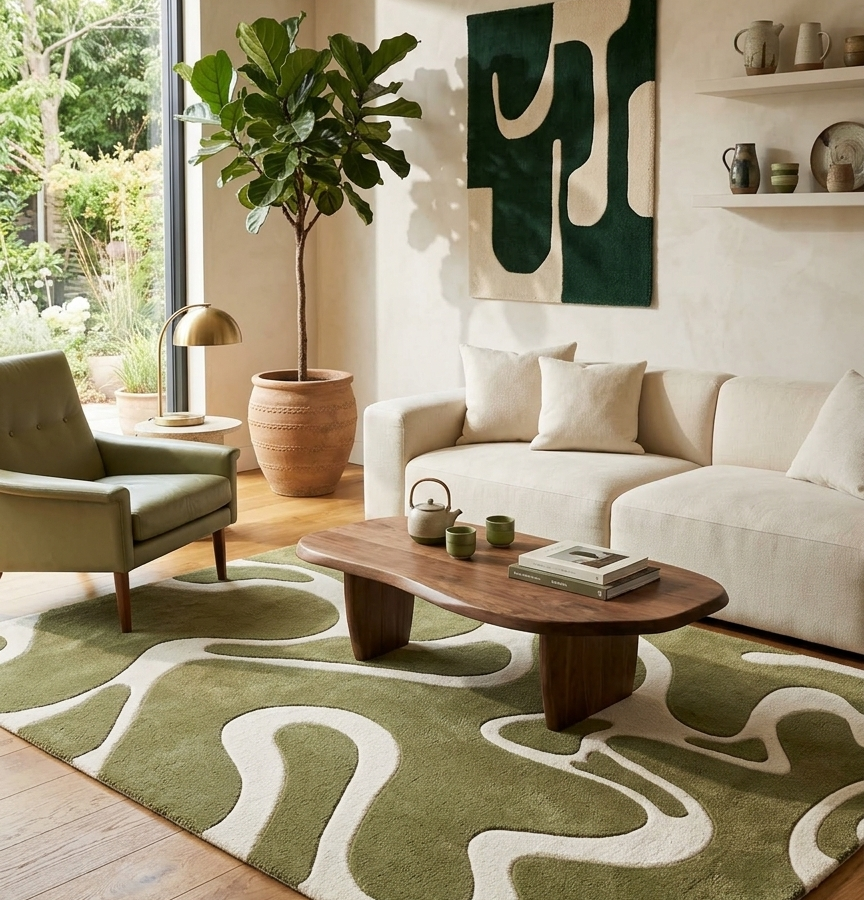 Abstract Olive Green & Ivory Organic Pattern Area Rug