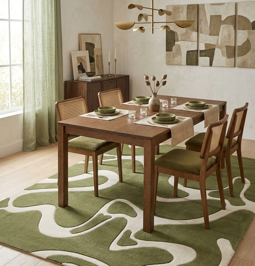 Abstract Olive Green & Ivory Organic Pattern Area Rug