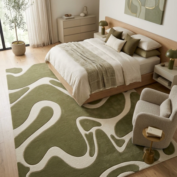 Abstract Olive Green & Ivory Organic Pattern Area Rug