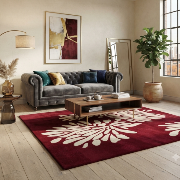 Burgundy & Ivory Floral Area Rug