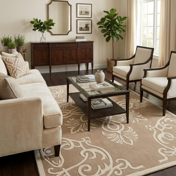 Classic Beige & Ivory Ornamental Medallion Area Rug