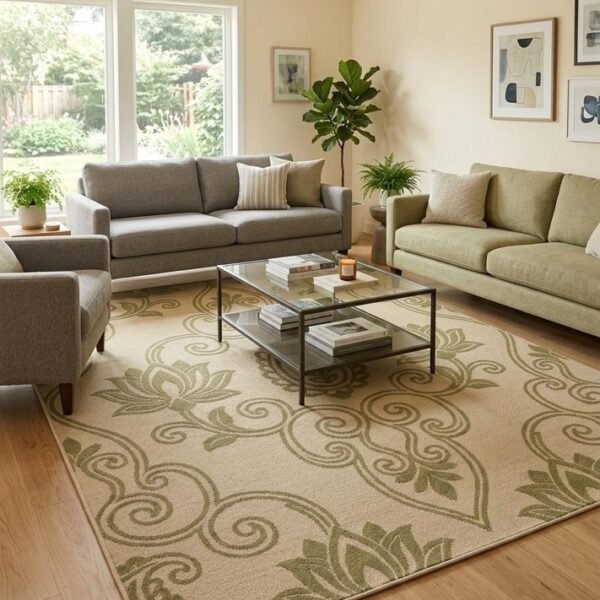 Classic Paisley Floral Printed Area Rug – Beige & Olive Green