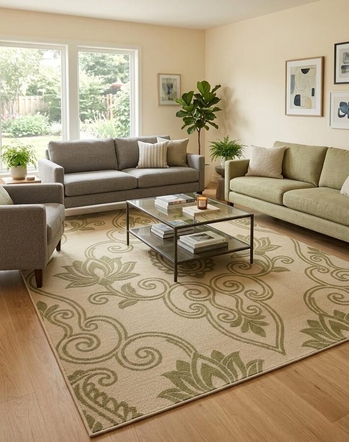 Classic Paisley Floral Printed Area Rug – Beige & Olive Green