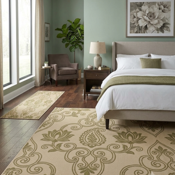 Classic Paisley Floral Printed Area Rug – Beige & Olive Green