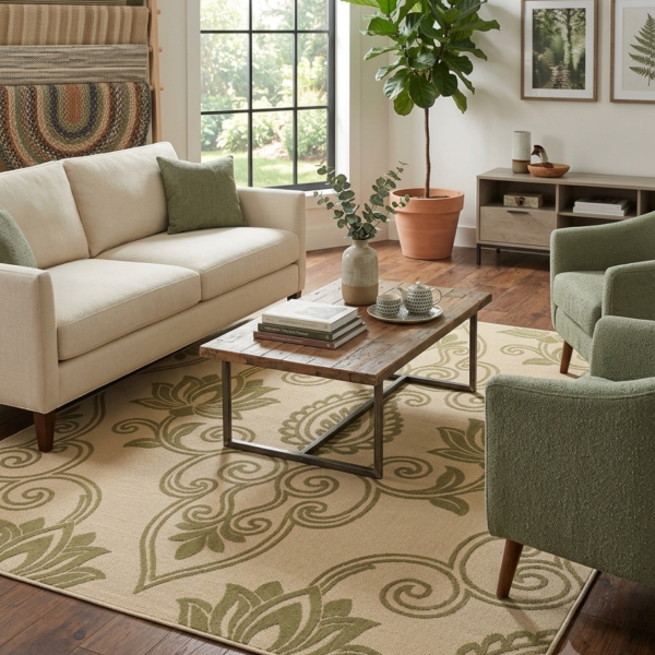 Classic Paisley Floral Printed Area Rug – Beige & Olive Green