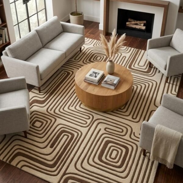 Geometric Maze Line Pattern Area Rug – Beige & Brown