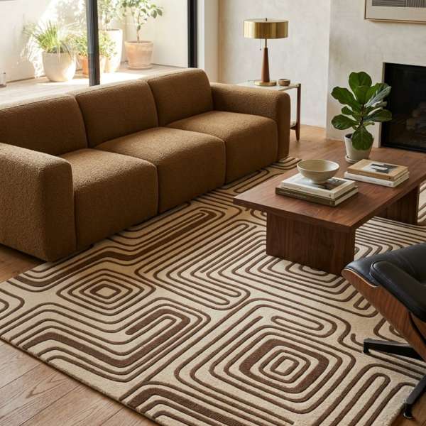 Geometric Maze Line Pattern Area Rug – Beige & Brown