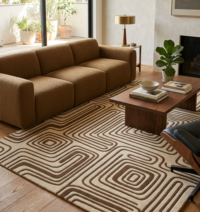 Geometric Maze Line Pattern Area Rug – Beige & Brown